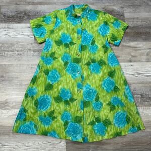 Vintage 1970s Saramae Floral Button Down House Dress Green Blue